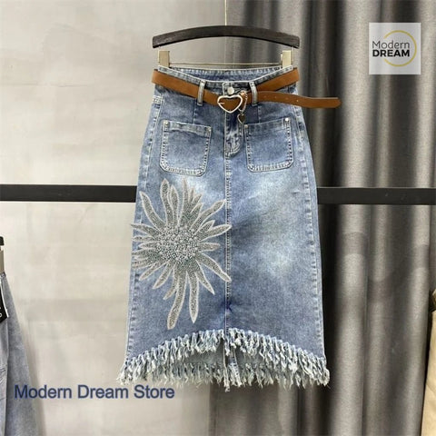 Denim Skirt with Tassels - American Thistle Denim Skirt with Tassels