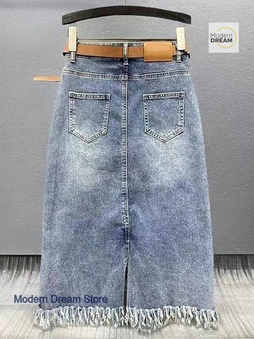 Denim Skirt with Tassels - American Thistle Denim Skirt with Tassels