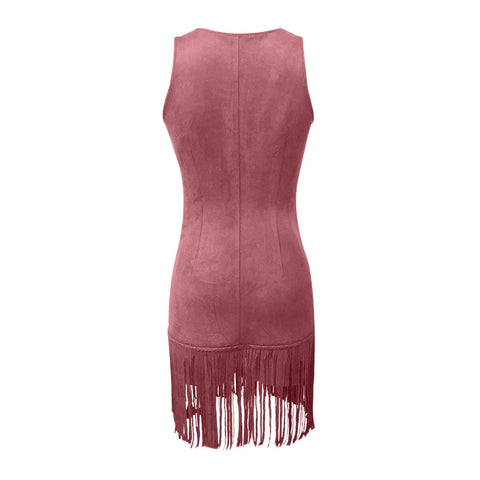 Dress Women Summer Vintage Deep Cut Slim Dress Sleeveless Velvet Leather With Tassel Party Dresses - American Thistle Dress Women Summer Vintage Deep Cut Slim Dress Sleeveless Velvet Leather With Tassel Party Dresses