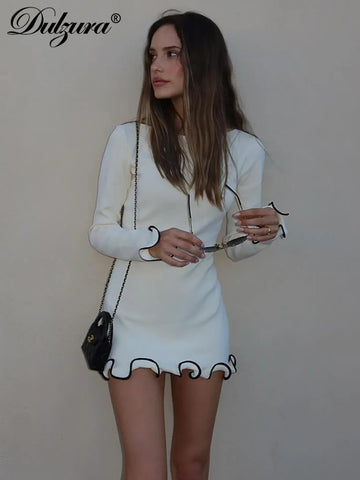 Dulzura O - Neck Long Sleeves Ruffles Patchwork Bodycon Mini Dress Sexy Elegant Outfit Party Club Streetwear Autumn Winter Clothes - American Thistle Dulzura O - Neck Long Sleeves Ruffles Patchwork Bodycon Mini Dress Sexy Elegant Outfit Party Club Streetwear Autumn Winter Clothes