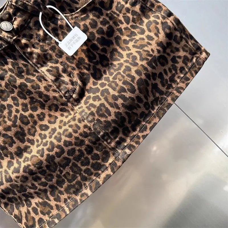 Elastic Brown Leopard Print Denim Hip Skirt - American Thistle Elastic Brown Leopard Print Denim Hip Skirt