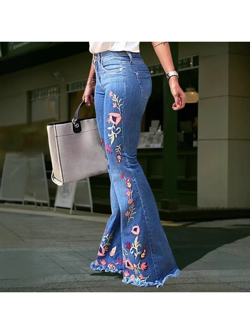 Elastic Embroidered Elegant Flared Jeans Slim - fit Mid - waist Jeans Women - American Thistle Elastic Embroidered Elegant Flared Jeans Slim - fit Mid - waist Jeans Women