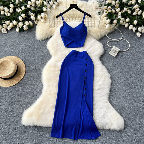 Elegant 2 Pieces Set for Women Solid V Neck Sleeveless Crop Top Camis Top With High Elastic Waist Split Long Skirt With Buttons - American Thistle Elegant 2 Pieces Set for Women Solid V Neck Sleeveless Crop Top Camis Top With High Elastic Waist Split Long Skirt With Buttons