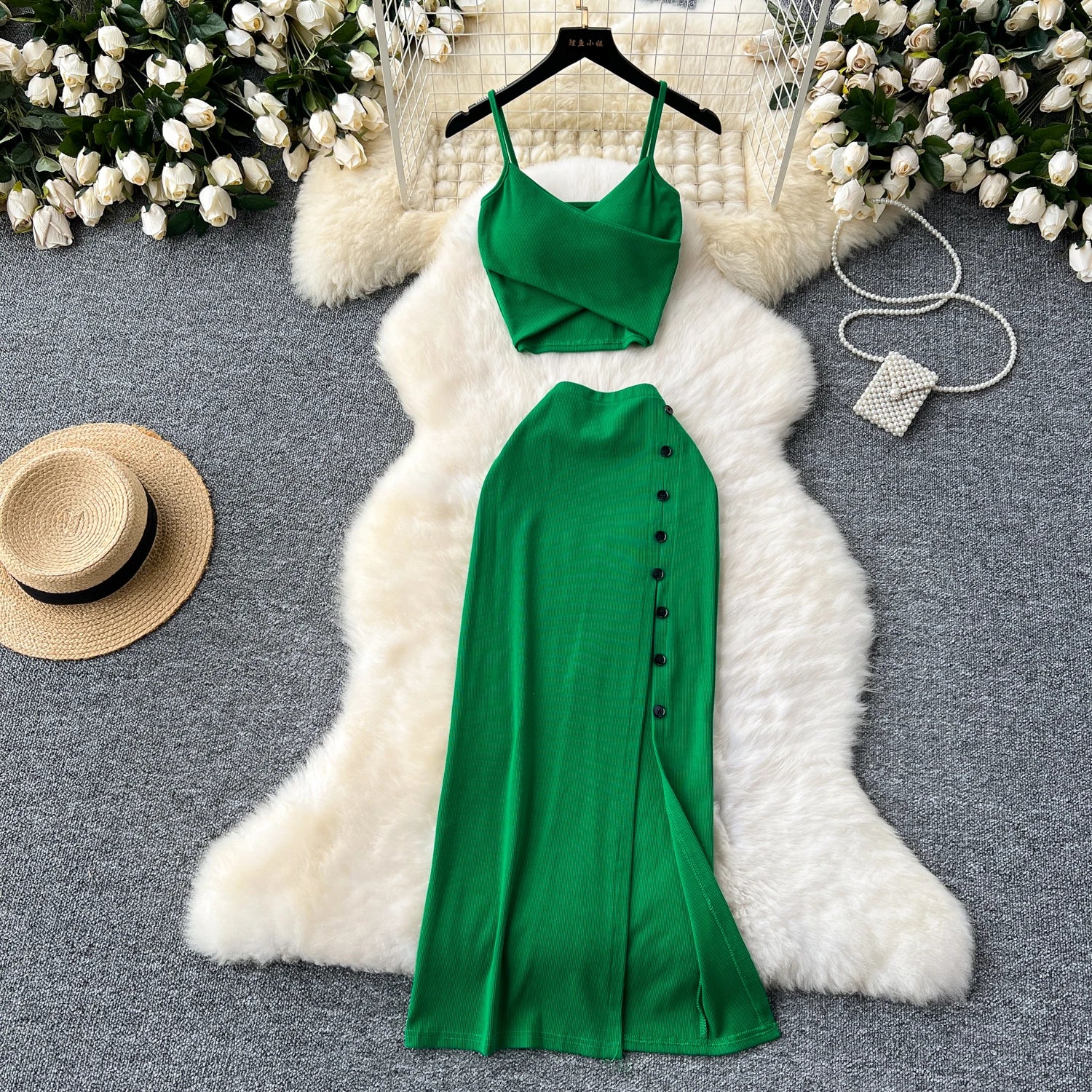 Elegant 2 Pieces Set for Women Solid V Neck Sleeveless Crop Top Camis Top With High Elastic Waist Split Long Skirt With Buttons - American Thistle Elegant 2 Pieces Set for Women Solid V Neck Sleeveless Crop Top Camis Top With High Elastic Waist Split Long Skirt With Buttons