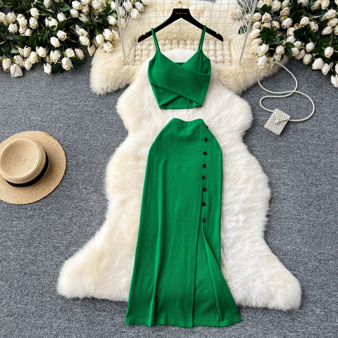 Elegant 2 Pieces Set for Women Solid V Neck Sleeveless Crop Top Camis Top With High Elastic Waist Split Long Skirt With Buttons - American Thistle Elegant 2 Pieces Set for Women Solid V Neck Sleeveless Crop Top Camis Top With High Elastic Waist Split Long Skirt With Buttons