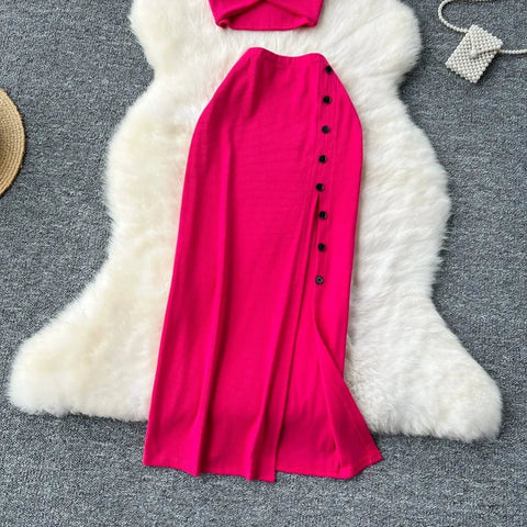 Elegant 2 Pieces Set for Women Solid V Neck Sleeveless Crop Top Camis Top With High Elastic Waist Split Long Skirt With Buttons - American Thistle Elegant 2 Pieces Set for Women Solid V Neck Sleeveless Crop Top Camis Top With High Elastic Waist Split Long Skirt With Buttons