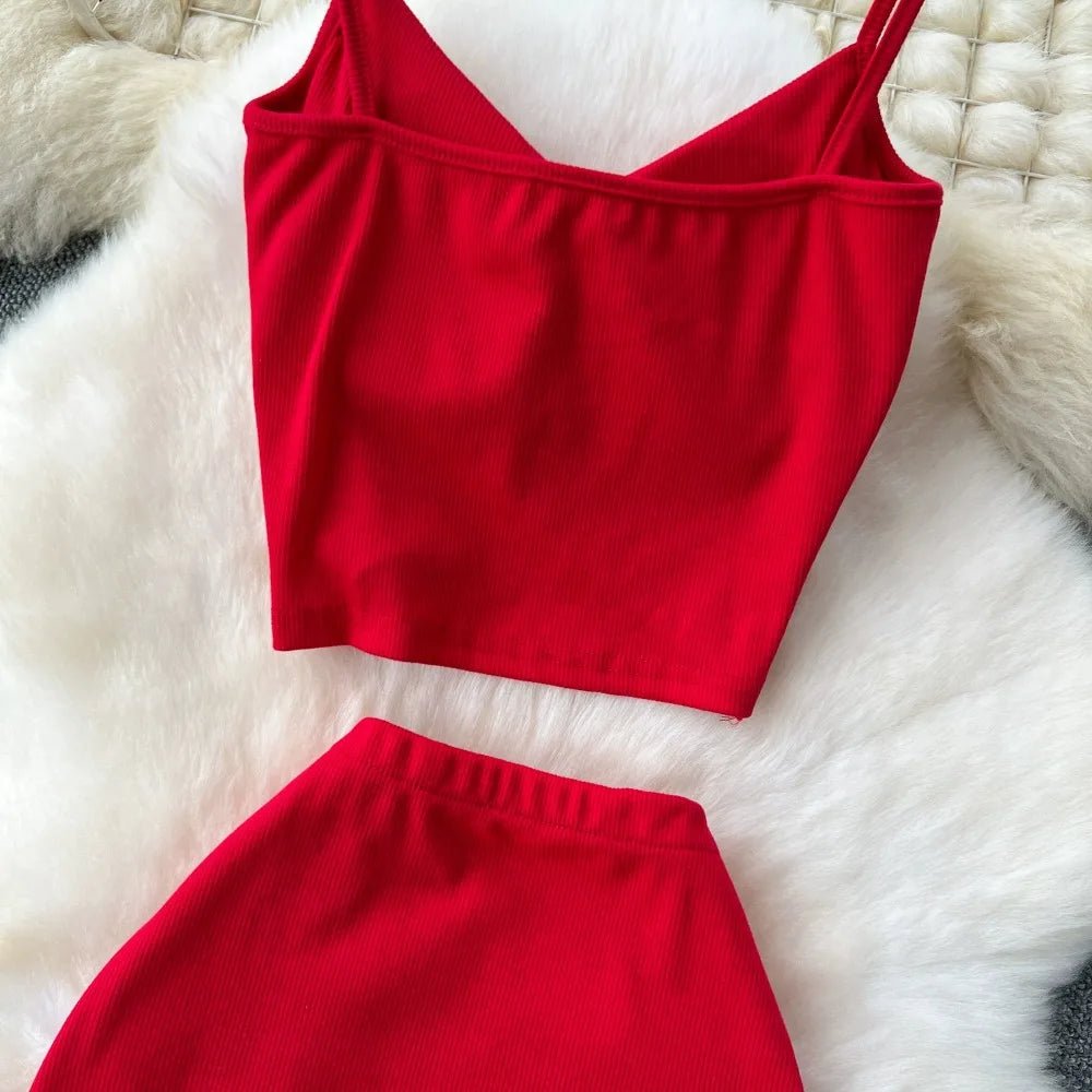 Elegant 2 Pieces Set for Women Solid V Neck Sleeveless Crop Top Camis Top With High Elastic Waist Split Long Skirt With Buttons - American Thistle Elegant 2 Pieces Set for Women Solid V Neck Sleeveless Crop Top Camis Top With High Elastic Waist Split Long Skirt With Buttons