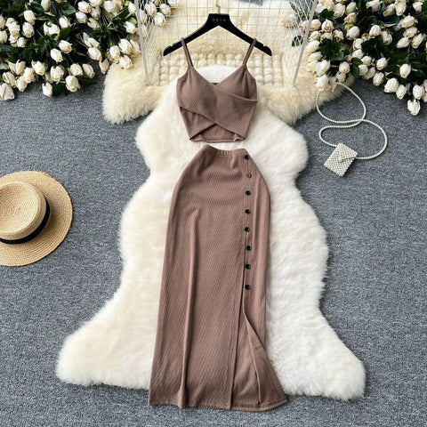 Elegant 2 Pieces Set for Women Solid V Neck Sleeveless Crop Top Camis Top With High Elastic Waist Split Long Skirt With Buttons - American Thistle Elegant 2 Pieces Set for Women Solid V Neck Sleeveless Crop Top Camis Top With High Elastic Waist Split Long Skirt With Buttons