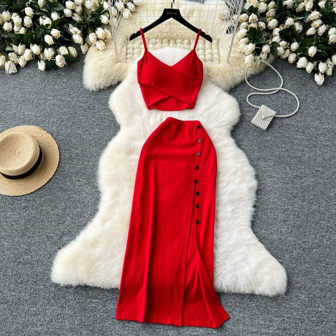 Elegant 2 Pieces Set for Women Solid V Neck Sleeveless Crop Top Camis Top With High Elastic Waist Split Long Skirt With Buttons - American Thistle Elegant 2 Pieces Set for Women Solid V Neck Sleeveless Crop Top Camis Top With High Elastic Waist Split Long Skirt With Buttons