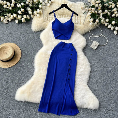 Elegant 2 Pieces Set for Women Solid V Neck Sleeveless Crop Top Camis Top With High Elastic Waist Split Long Skirt With Buttons - American Thistle Elegant 2 Pieces Set for Women Solid V Neck Sleeveless Crop Top Camis Top With High Elastic Waist Split Long Skirt With Buttons