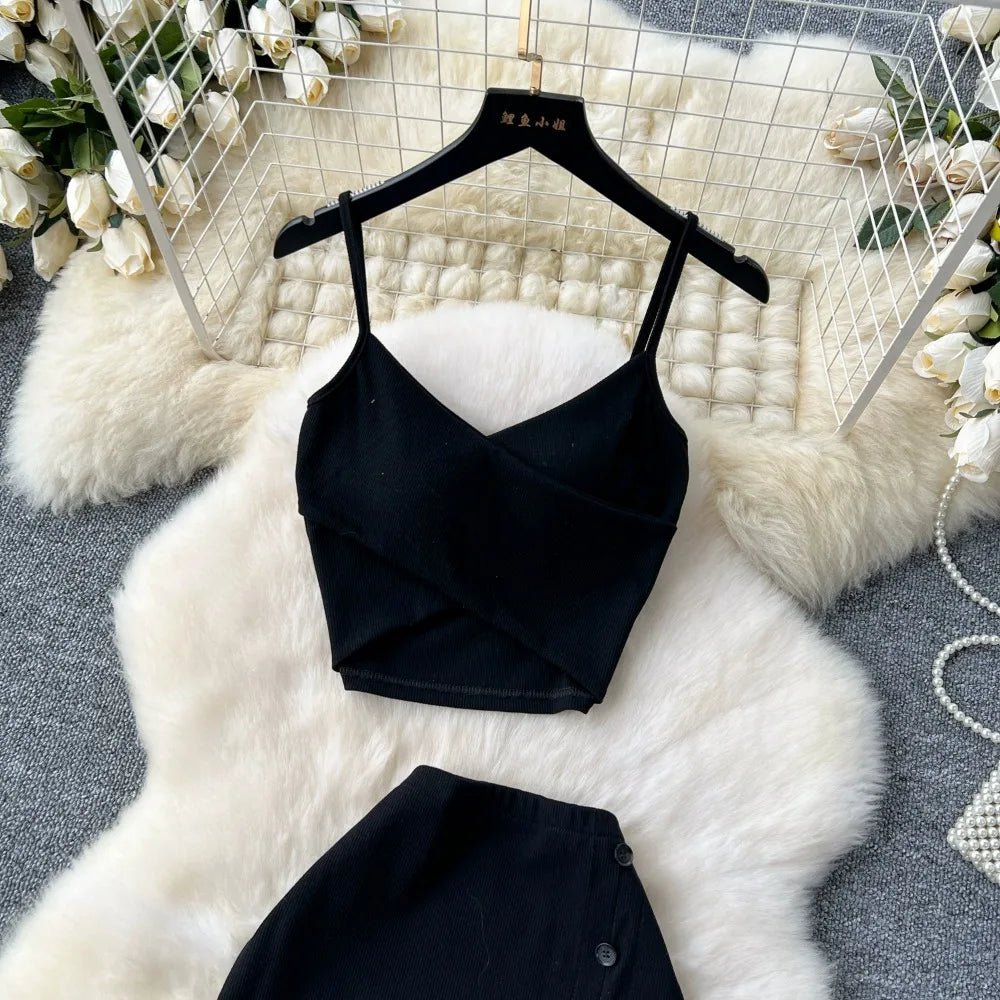 Elegant 2 Pieces Set for Women Solid V Neck Sleeveless Crop Top Camis Top With High Elastic Waist Split Long Skirt With Buttons - American Thistle Elegant 2 Pieces Set for Women Solid V Neck Sleeveless Crop Top Camis Top With High Elastic Waist Split Long Skirt With Buttons