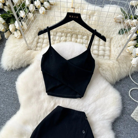 Elegant 2 Pieces Set for Women Solid V Neck Sleeveless Crop Top Camis Top With High Elastic Waist Split Long Skirt With Buttons - American Thistle Elegant 2 Pieces Set for Women Solid V Neck Sleeveless Crop Top Camis Top With High Elastic Waist Split Long Skirt With Buttons