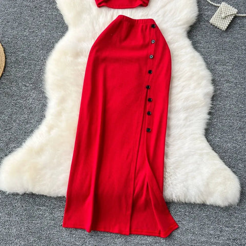 Elegant 2 Pieces Set for Women Solid V Neck Sleeveless Crop Top Camis Top With High Elastic Waist Split Long Skirt With Buttons - American Thistle Elegant 2 Pieces Set for Women Solid V Neck Sleeveless Crop Top Camis Top With High Elastic Waist Split Long Skirt With Buttons