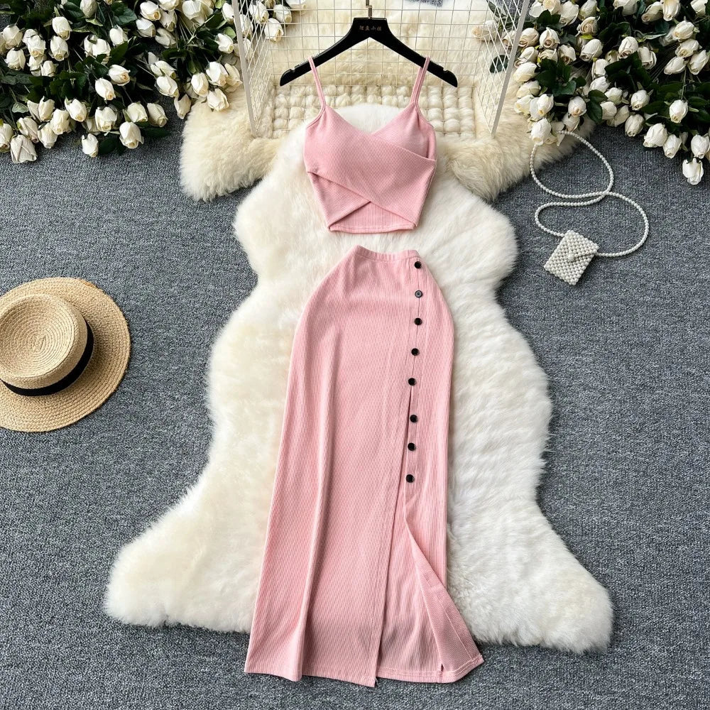 Elegant 2 Pieces Set for Women Solid V Neck Sleeveless Crop Top Camis Top With High Elastic Waist Split Long Skirt With Buttons - American Thistle Elegant 2 Pieces Set for Women Solid V Neck Sleeveless Crop Top Camis Top With High Elastic Waist Split Long Skirt With Buttons