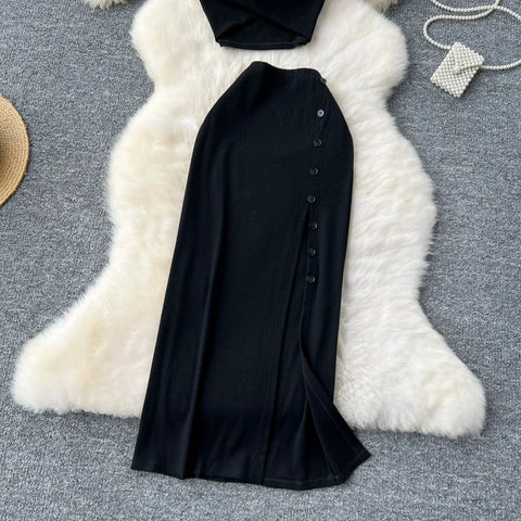 Elegant 2 Pieces Set for Women Solid V Neck Sleeveless Crop Top Camis Top With High Elastic Waist Split Long Skirt With Buttons - American Thistle Elegant 2 Pieces Set for Women Solid V Neck Sleeveless Crop Top Camis Top With High Elastic Waist Split Long Skirt With Buttons