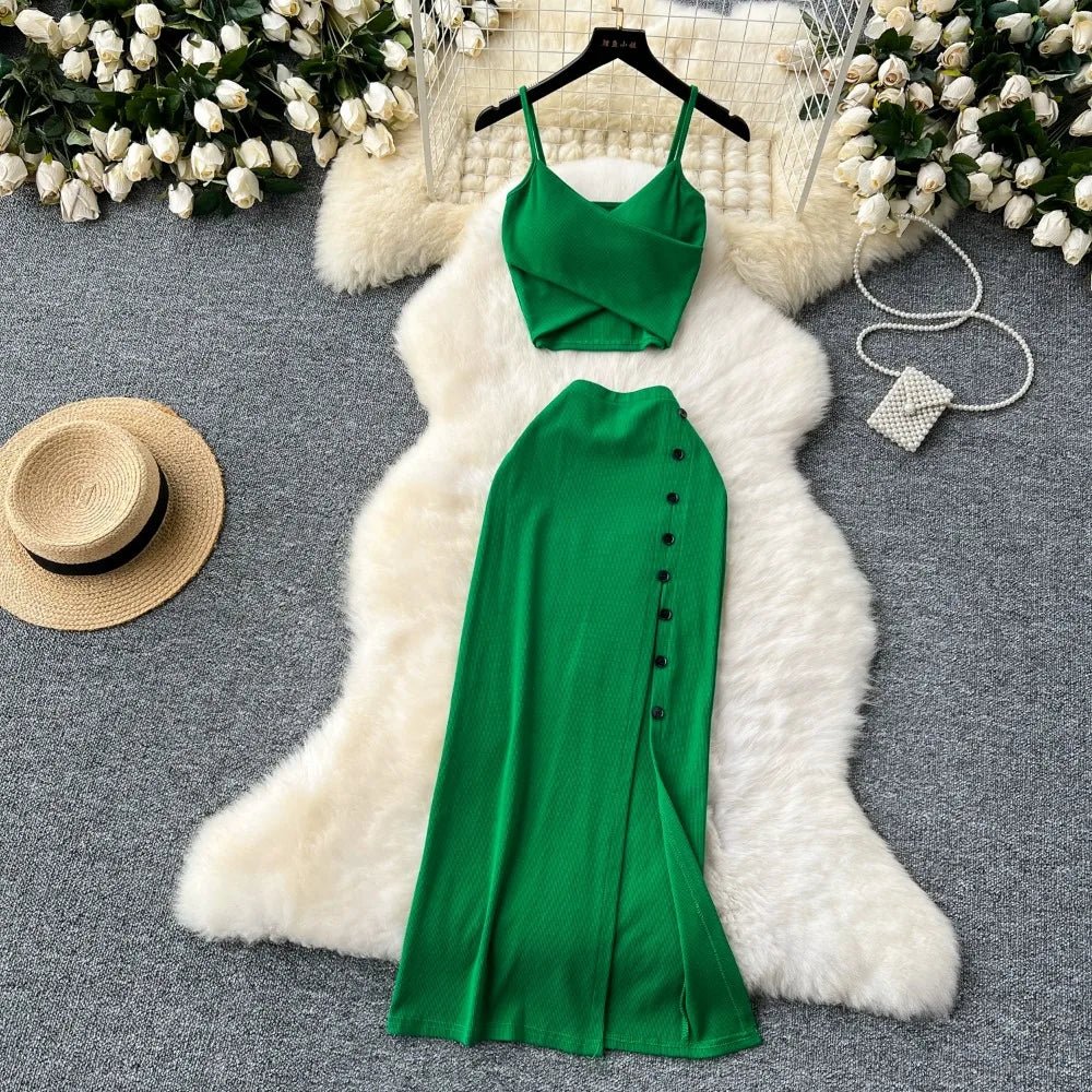 Elegant 2 Pieces Set for Women Solid V Neck Sleeveless Crop Top Camis Top With High Elastic Waist Split Long Skirt With Buttons - American Thistle Elegant 2 Pieces Set for Women Solid V Neck Sleeveless Crop Top Camis Top With High Elastic Waist Split Long Skirt With Buttons