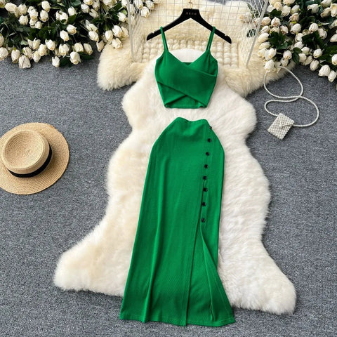 Elegant 2 Pieces Set for Women Solid V Neck Sleeveless Crop Top Camis Top With High Elastic Waist Split Long Skirt With Buttons - American Thistle Elegant 2 Pieces Set for Women Solid V Neck Sleeveless Crop Top Camis Top With High Elastic Waist Split Long Skirt With Buttons