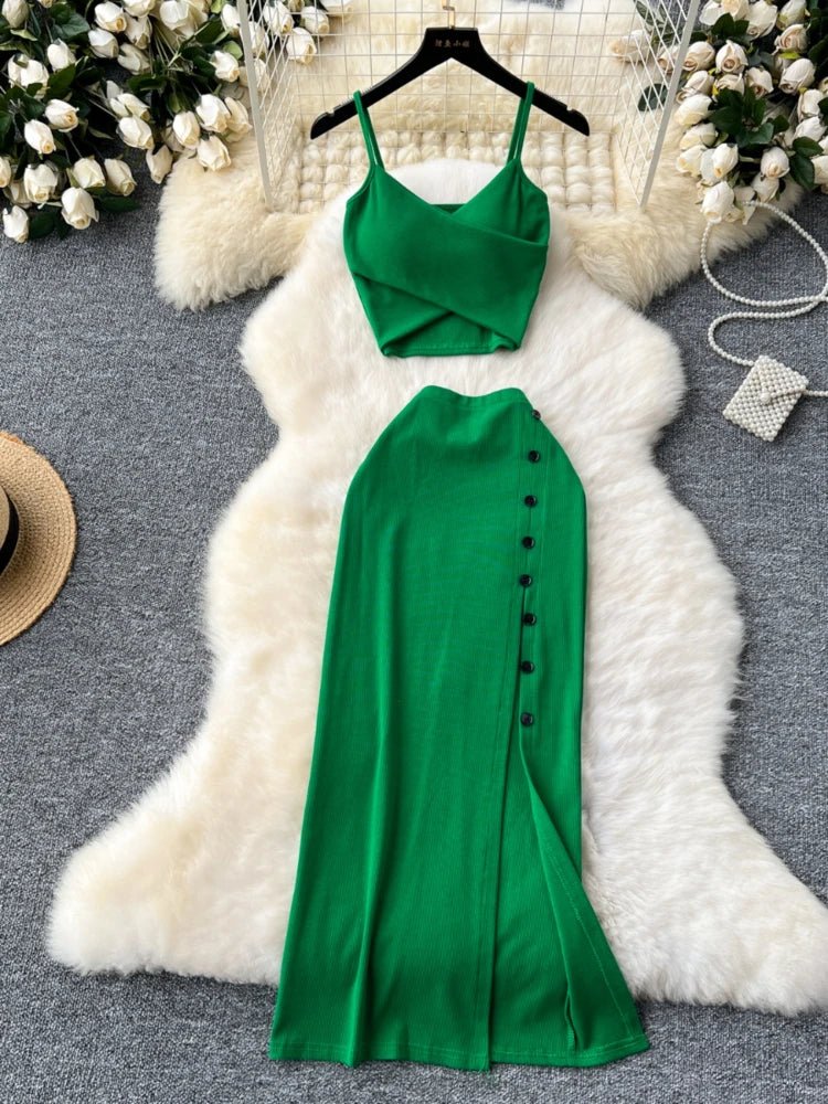 Elegant 2 Pieces Set for Women Solid V Neck Sleeveless Crop Top Camis Top With High Elastic Waist Split Long Skirt With Buttons - American Thistle Elegant 2 Pieces Set for Women Solid V Neck Sleeveless Crop Top Camis Top With High Elastic Waist Split Long Skirt With Buttons