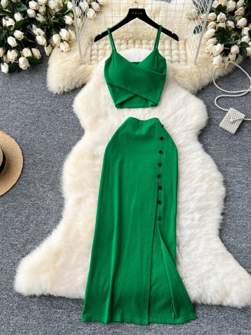 Elegant 2 Pieces Set for Women Solid V Neck Sleeveless Crop Top Camis Top With High Elastic Waist Split Long Skirt With Buttons - American Thistle Elegant 2 Pieces Set for Women Solid V Neck Sleeveless Crop Top Camis Top With High Elastic Waist Split Long Skirt With Buttons