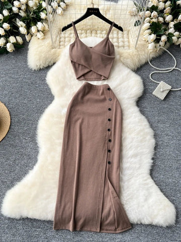 Elegant 2 Pieces Set for Women Solid V Neck Sleeveless Crop Top Camis Top With High Elastic Waist Split Long Skirt With Buttons - American Thistle Elegant 2 Pieces Set for Women Solid V Neck Sleeveless Crop Top Camis Top With High Elastic Waist Split Long Skirt With Buttons