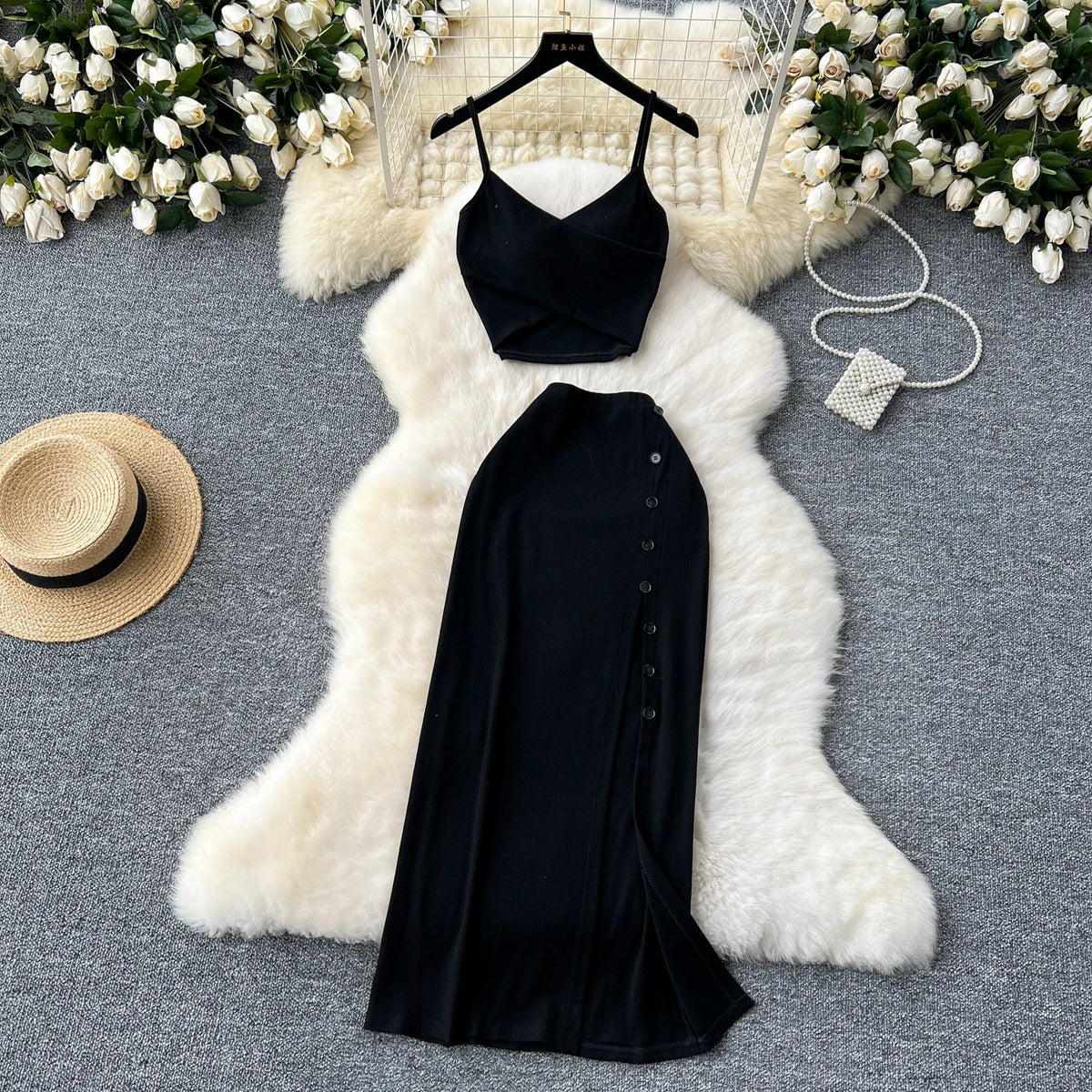 Elegant 2 Pieces Set for Women Solid V Neck Sleeveless Crop Top Camis Top With High Elastic Waist Split Long Skirt With Buttons - American Thistle Elegant 2 Pieces Set for Women Solid V Neck Sleeveless Crop Top Camis Top With High Elastic Waist Split Long Skirt With Buttons