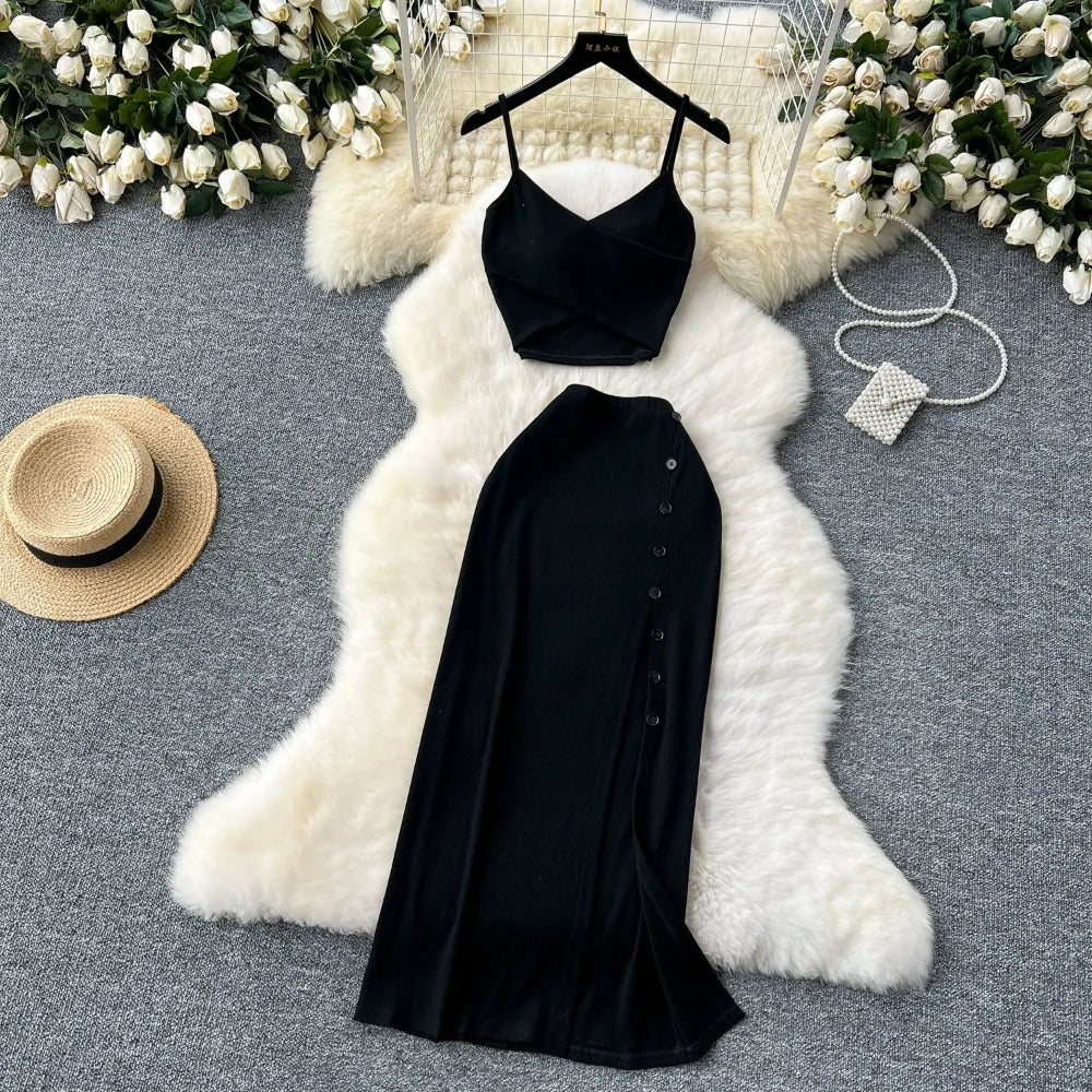 Elegant 2 Pieces Set for Women Solid V Neck Sleeveless Crop Top Camis Top With High Elastic Waist Split Long Skirt With Buttons - American Thistle Elegant 2 Pieces Set for Women Solid V Neck Sleeveless Crop Top Camis Top With High Elastic Waist Split Long Skirt With Buttons