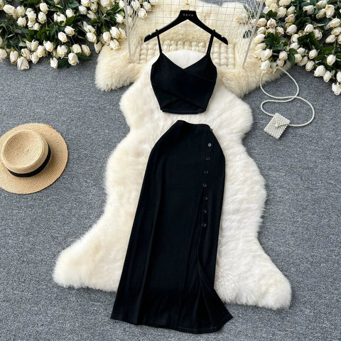 Elegant 2 Pieces Set for Women Solid V Neck Sleeveless Crop Top Camis Top With High Elastic Waist Split Long Skirt With Buttons - American Thistle Elegant 2 Pieces Set for Women Solid V Neck Sleeveless Crop Top Camis Top With High Elastic Waist Split Long Skirt With Buttons