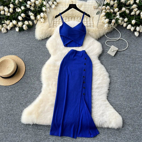 Elegant 2 Pieces Set for Women Solid V Neck Sleeveless Crop Top Camis Top With High Elastic Waist Split Long Skirt With Buttons - American Thistle Elegant 2 Pieces Set for Women Solid V Neck Sleeveless Crop Top Camis Top With High Elastic Waist Split Long Skirt With Buttons