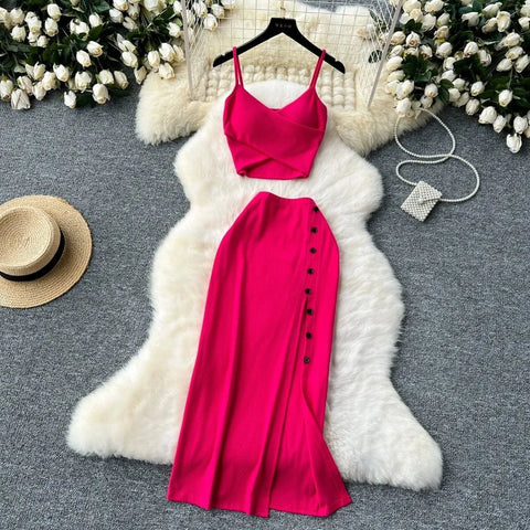 Elegant 2 Pieces Set for Women Solid V Neck Sleeveless Crop Top Camis Top With High Elastic Waist Split Long Skirt With Buttons - American Thistle Elegant 2 Pieces Set for Women Solid V Neck Sleeveless Crop Top Camis Top With High Elastic Waist Split Long Skirt With Buttons