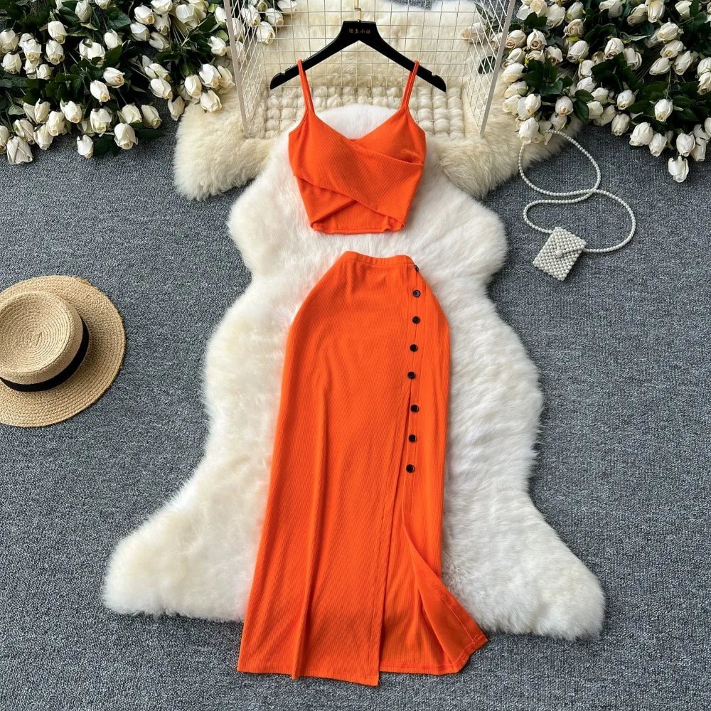 Elegant 2 Pieces Set for Women Solid V Neck Sleeveless Crop Top Camis Top With High Elastic Waist Split Long Skirt With Buttons - American Thistle Elegant 2 Pieces Set for Women Solid V Neck Sleeveless Crop Top Camis Top With High Elastic Waist Split Long Skirt With Buttons