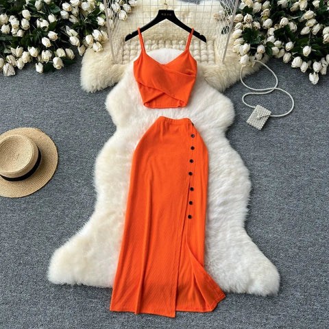 Elegant 2 Pieces Set for Women Solid V Neck Sleeveless Crop Top Camis Top With High Elastic Waist Split Long Skirt With Buttons - American Thistle Elegant 2 Pieces Set for Women Solid V Neck Sleeveless Crop Top Camis Top With High Elastic Waist Split Long Skirt With Buttons