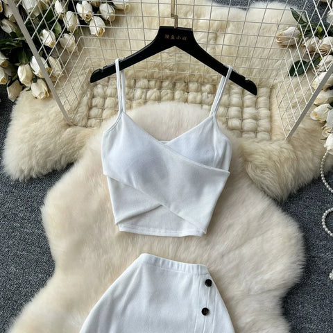 Elegant 2 Pieces Set for Women Solid V Neck Sleeveless Crop Top Camis Top With High Elastic Waist Split Long Skirt With Buttons - American Thistle Elegant 2 Pieces Set for Women Solid V Neck Sleeveless Crop Top Camis Top With High Elastic Waist Split Long Skirt With Buttons