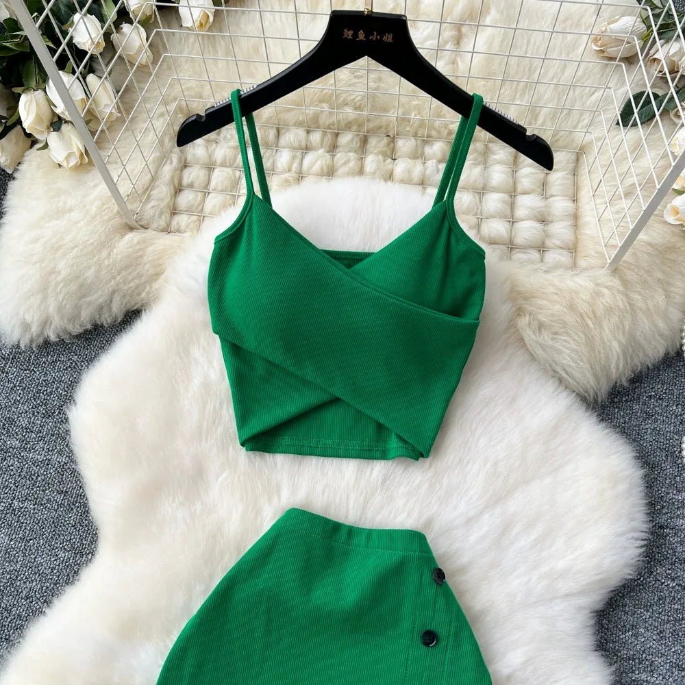 Elegant 2 Pieces Set for Women Solid V Neck Sleeveless Crop Top Camis Top With High Elastic Waist Split Long Skirt With Buttons - American Thistle Elegant 2 Pieces Set for Women Solid V Neck Sleeveless Crop Top Camis Top With High Elastic Waist Split Long Skirt With Buttons