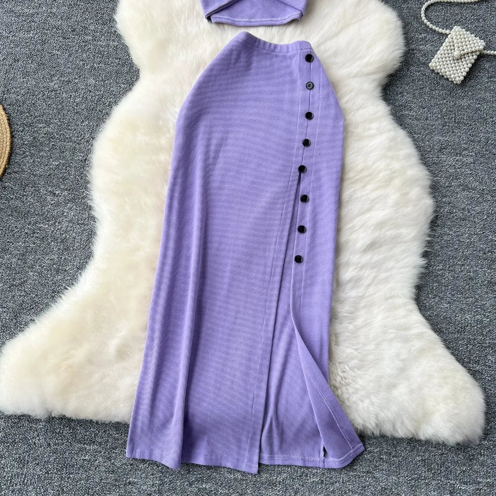 Elegant 2 Pieces Set for Women Solid V Neck Sleeveless Crop Top Camis Top With High Elastic Waist Split Long Skirt With Buttons - American Thistle Elegant 2 Pieces Set for Women Solid V Neck Sleeveless Crop Top Camis Top With High Elastic Waist Split Long Skirt With Buttons