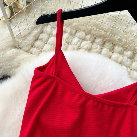 Elegant 2 Pieces Set for Women Solid V Neck Sleeveless Crop Top Camis Top With High Elastic Waist Split Long Skirt With Buttons - American Thistle Elegant 2 Pieces Set for Women Solid V Neck Sleeveless Crop Top Camis Top With High Elastic Waist Split Long Skirt With Buttons