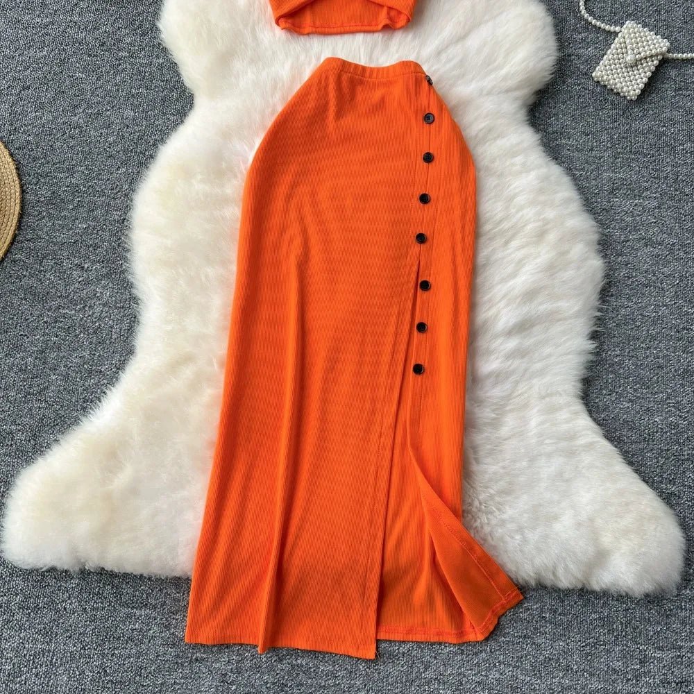 Elegant 2 Pieces Set for Women Solid V Neck Sleeveless Crop Top Camis Top With High Elastic Waist Split Long Skirt With Buttons - American Thistle Elegant 2 Pieces Set for Women Solid V Neck Sleeveless Crop Top Camis Top With High Elastic Waist Split Long Skirt With Buttons