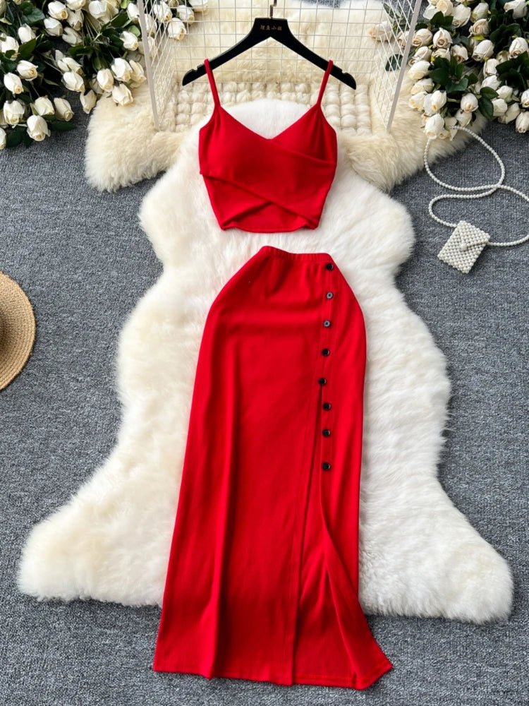 Elegant 2 Pieces Set for Women Solid V Neck Sleeveless Crop Top Camis Top With High Elastic Waist Split Long Skirt With Buttons - American Thistle Elegant 2 Pieces Set for Women Solid V Neck Sleeveless Crop Top Camis Top With High Elastic Waist Split Long Skirt With Buttons
