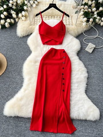 Elegant 2 Pieces Set for Women Solid V Neck Sleeveless Crop Top Camis Top With High Elastic Waist Split Long Skirt With Buttons - American Thistle Elegant 2 Pieces Set for Women Solid V Neck Sleeveless Crop Top Camis Top With High Elastic Waist Split Long Skirt With Buttons