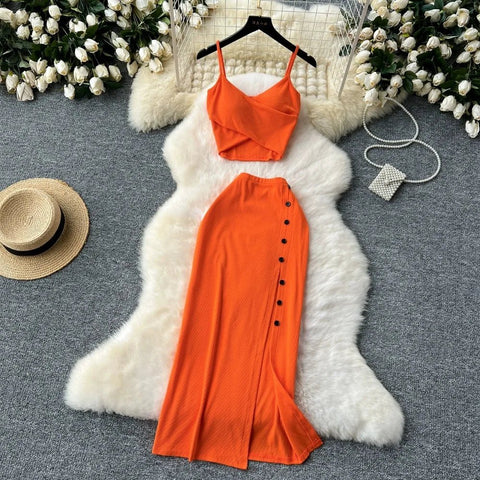 Elegant 2 Pieces Set for Women Solid V Neck Sleeveless Crop Top Camis Top With High Elastic Waist Split Long Skirt With Buttons - American Thistle Elegant 2 Pieces Set for Women Solid V Neck Sleeveless Crop Top Camis Top With High Elastic Waist Split Long Skirt With Buttons