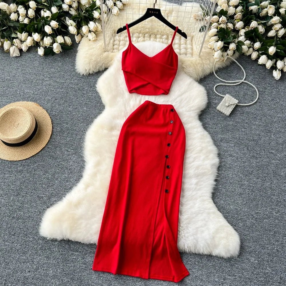 Elegant 2 Pieces Set for Women Solid V Neck Sleeveless Crop Top Camis Top With High Elastic Waist Split Long Skirt With Buttons - American Thistle Elegant 2 Pieces Set for Women Solid V Neck Sleeveless Crop Top Camis Top With High Elastic Waist Split Long Skirt With Buttons