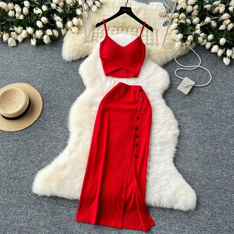 Elegant 2 Pieces Set for Women Solid V Neck Sleeveless Crop Top Camis Top With High Elastic Waist Split Long Skirt With Buttons - American Thistle Elegant 2 Pieces Set for Women Solid V Neck Sleeveless Crop Top Camis Top With High Elastic Waist Split Long Skirt With Buttons