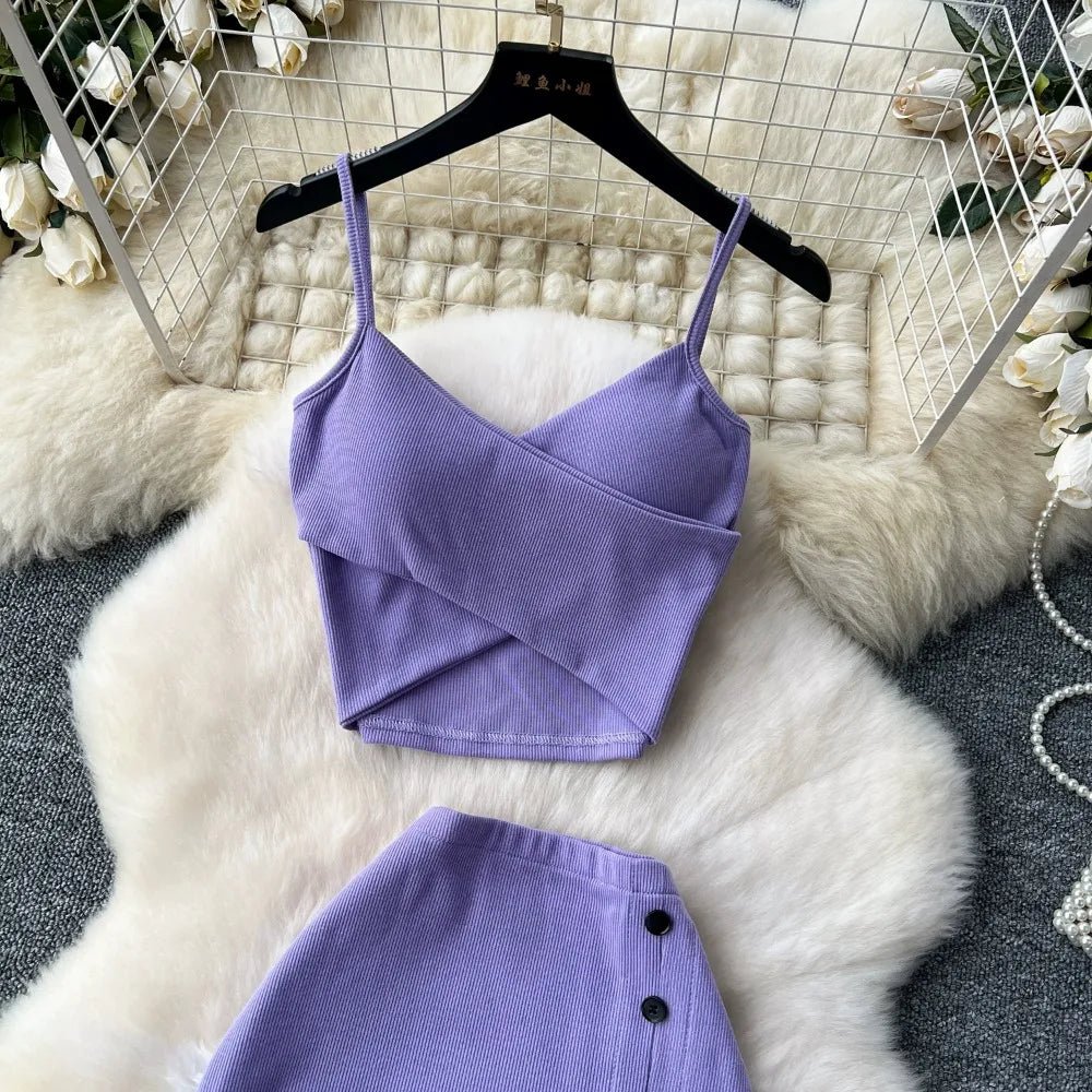 Elegant 2 Pieces Set for Women Solid V Neck Sleeveless Crop Top Camis Top With High Elastic Waist Split Long Skirt With Buttons - American Thistle Elegant 2 Pieces Set for Women Solid V Neck Sleeveless Crop Top Camis Top With High Elastic Waist Split Long Skirt With Buttons