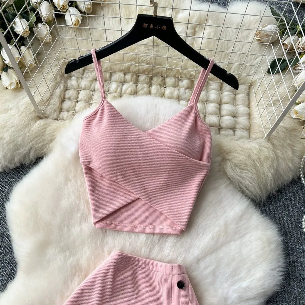 Elegant 2 Pieces Set for Women Solid V Neck Sleeveless Crop Top Camis Top With High Elastic Waist Split Long Skirt With Buttons - American Thistle Elegant 2 Pieces Set for Women Solid V Neck Sleeveless Crop Top Camis Top With High Elastic Waist Split Long Skirt With Buttons