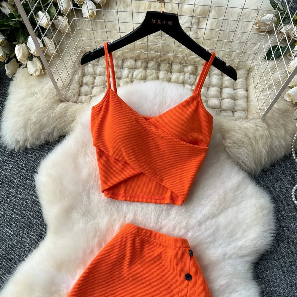 Elegant 2 Pieces Set for Women Solid V Neck Sleeveless Crop Top Camis Top With High Elastic Waist Split Long Skirt With Buttons - American Thistle Elegant 2 Pieces Set for Women Solid V Neck Sleeveless Crop Top Camis Top With High Elastic Waist Split Long Skirt With Buttons