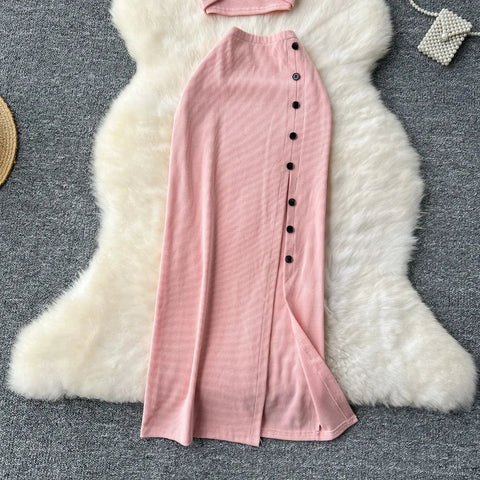 Elegant 2 Pieces Set for Women Solid V Neck Sleeveless Crop Top Camis Top With High Elastic Waist Split Long Skirt With Buttons - American Thistle Elegant 2 Pieces Set for Women Solid V Neck Sleeveless Crop Top Camis Top With High Elastic Waist Split Long Skirt With Buttons