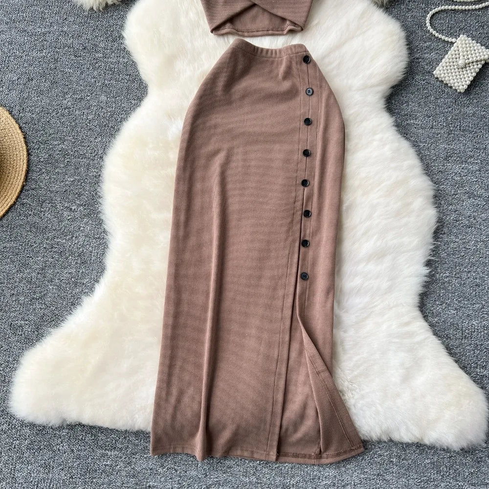 Elegant 2 Pieces Set for Women Solid V Neck Sleeveless Crop Top Camis Top With High Elastic Waist Split Long Skirt With Buttons - American Thistle Elegant 2 Pieces Set for Women Solid V Neck Sleeveless Crop Top Camis Top With High Elastic Waist Split Long Skirt With Buttons