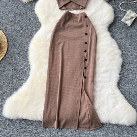 Elegant 2 Pieces Set for Women Solid V Neck Sleeveless Crop Top Camis Top With High Elastic Waist Split Long Skirt With Buttons - American Thistle Elegant 2 Pieces Set for Women Solid V Neck Sleeveless Crop Top Camis Top With High Elastic Waist Split Long Skirt With Buttons