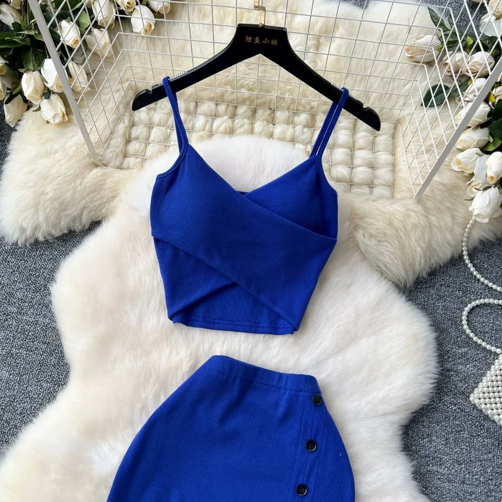 Elegant 2 Pieces Set for Women Solid V Neck Sleeveless Crop Top Camis Top With High Elastic Waist Split Long Skirt With Buttons - American Thistle Elegant 2 Pieces Set for Women Solid V Neck Sleeveless Crop Top Camis Top With High Elastic Waist Split Long Skirt With Buttons