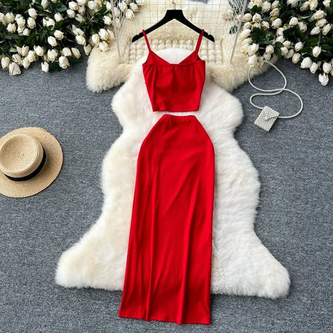 Elegant 2 Pieces Set for Women Solid V Neck Sleeveless Crop Top Camis Top With High Elastic Waist Split Long Skirt With Buttons - American Thistle Elegant 2 Pieces Set for Women Solid V Neck Sleeveless Crop Top Camis Top With High Elastic Waist Split Long Skirt With Buttons