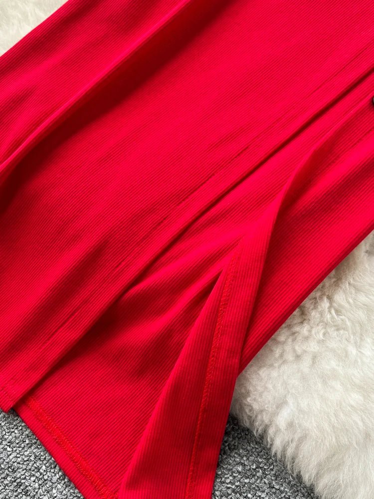 Elegant 2 Pieces Set for Women Solid V Neck Sleeveless Crop Top Camis Top With High Elastic Waist Split Long Skirt With Buttons - American Thistle Elegant 2 Pieces Set for Women Solid V Neck Sleeveless Crop Top Camis Top With High Elastic Waist Split Long Skirt With Buttons